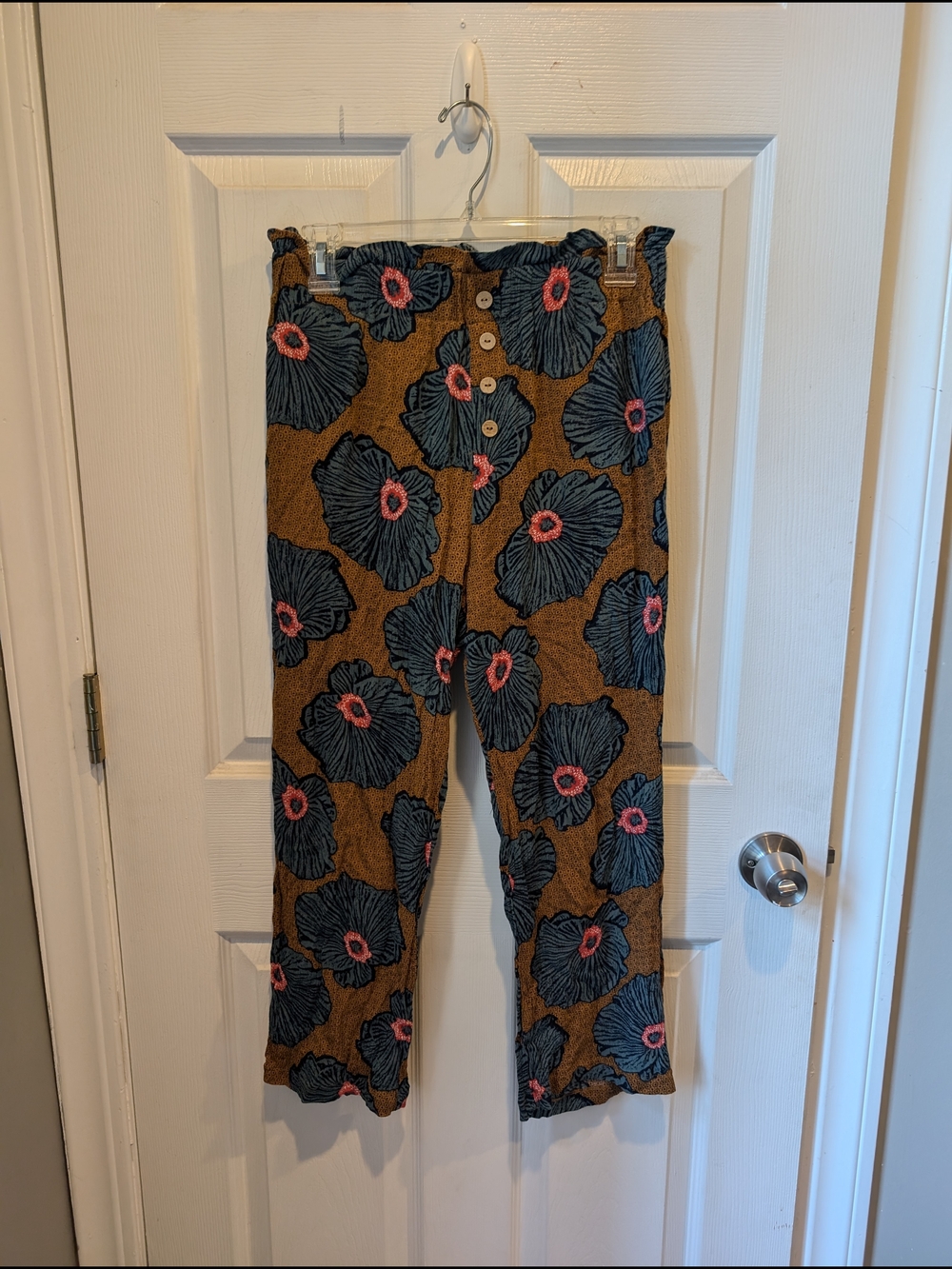 Straight-Leg Floral Print Pants in Brown with Blue & Pink Accents